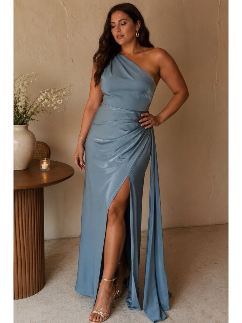 Lulus Signature Elegance Maxi Dress XL Slate Blue Satin One Shoulder Gown Prom